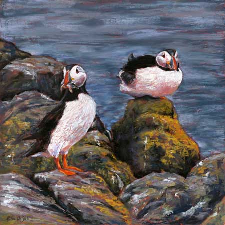 Good Catch, Puffins, Pastel On Panel