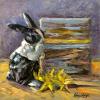 Still likfe painting with ceramic rabbit, flowers and miniture painting